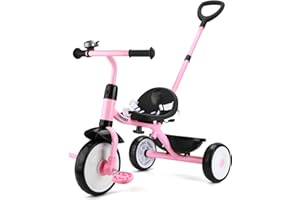 Liberry 2 in 1 Toddler Tricycle Age 2 3 4 Years Old, Kids Trike with Adjustable Push Handle, Bell & Basket, 3 Wheel Bike Riding Toy Birthday for Girls Boys, Light Pink
