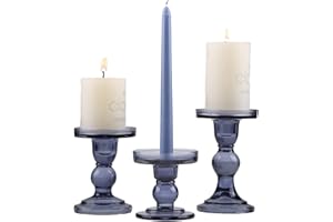 GMWD 3 Pcs Glass Candle Holder Set Clear, Blue Candlesticks Holders Pillar Taper Candles Tealight Stand for Wedding Centerpieces Home Decorations Dining Table