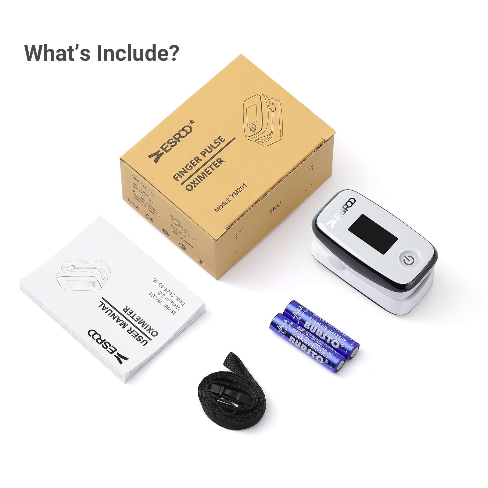 ESPOO Pulse Oximeter with 20 Memory, Oxygen Monitor Fingertip 4 Color TFT Display(SPO2), Alarm & Brightness Adjustable, Batteries & Lanyard Include(White&Black)