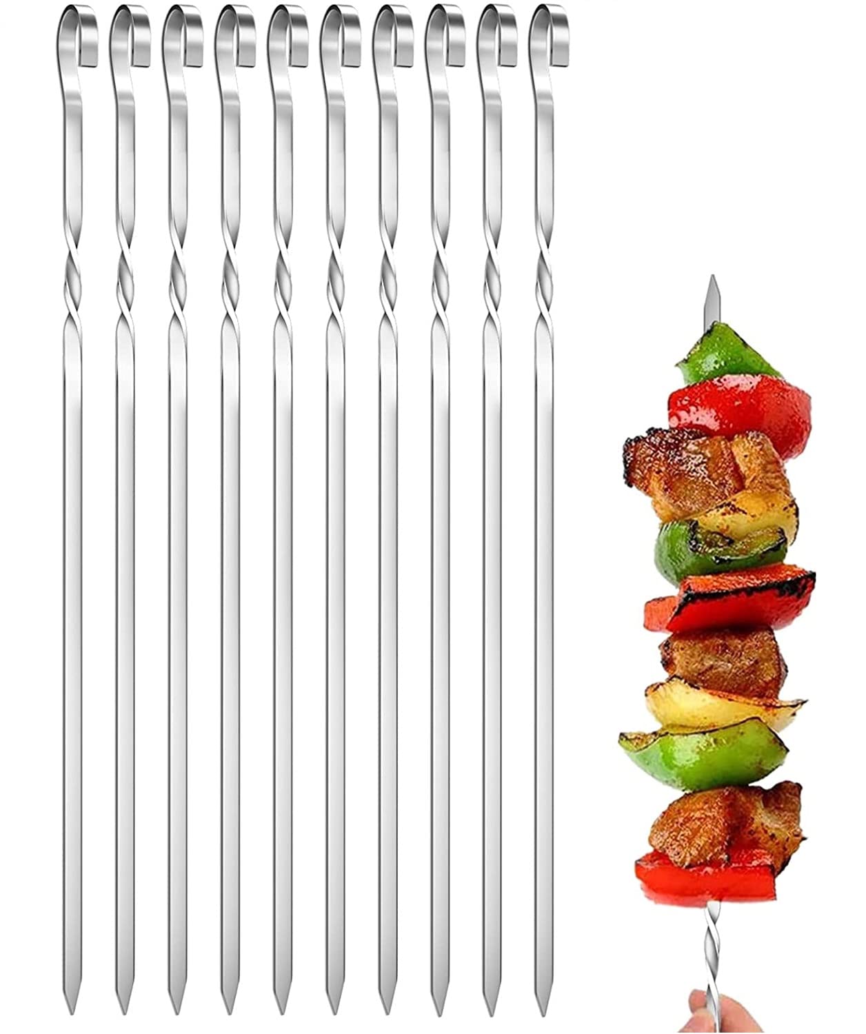 Kebab Skewers, 10PCS Stainless Steel BBQ Grilling Skewers Flat Reusable Metal Skewer Sticks forOven, Barbecue, Camping Cooking, Cocktail, Shish Kabob, Party Essentials - 30cm (B-01)