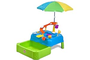 Step2 Waterpark Wonders Two Tier Water Table, Kids Water Activity Sensory Playset with Umbrella, Garden Hose Sprinkler Attachment, 11 Piece Accessories, Outdoor Summer Toy, Ages 18 Months+, Blue