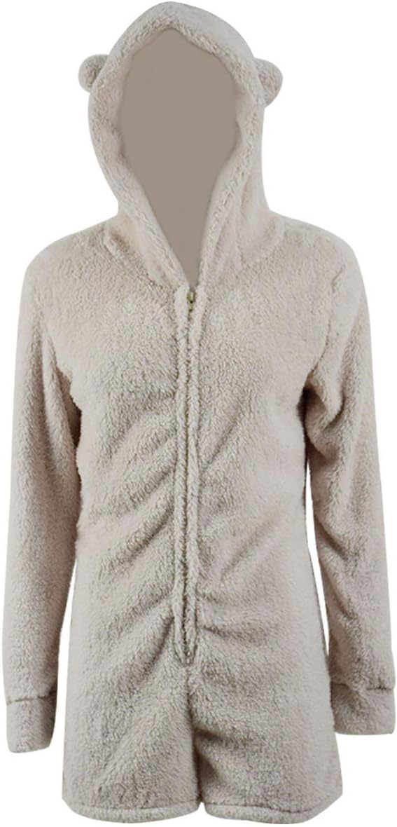 Missfamo Ladies Cute Long Sleeve Sleepwear Fleece Hooded Cozy Sherpa Romper Fluffy Pajamas Short (Khaki, XL)