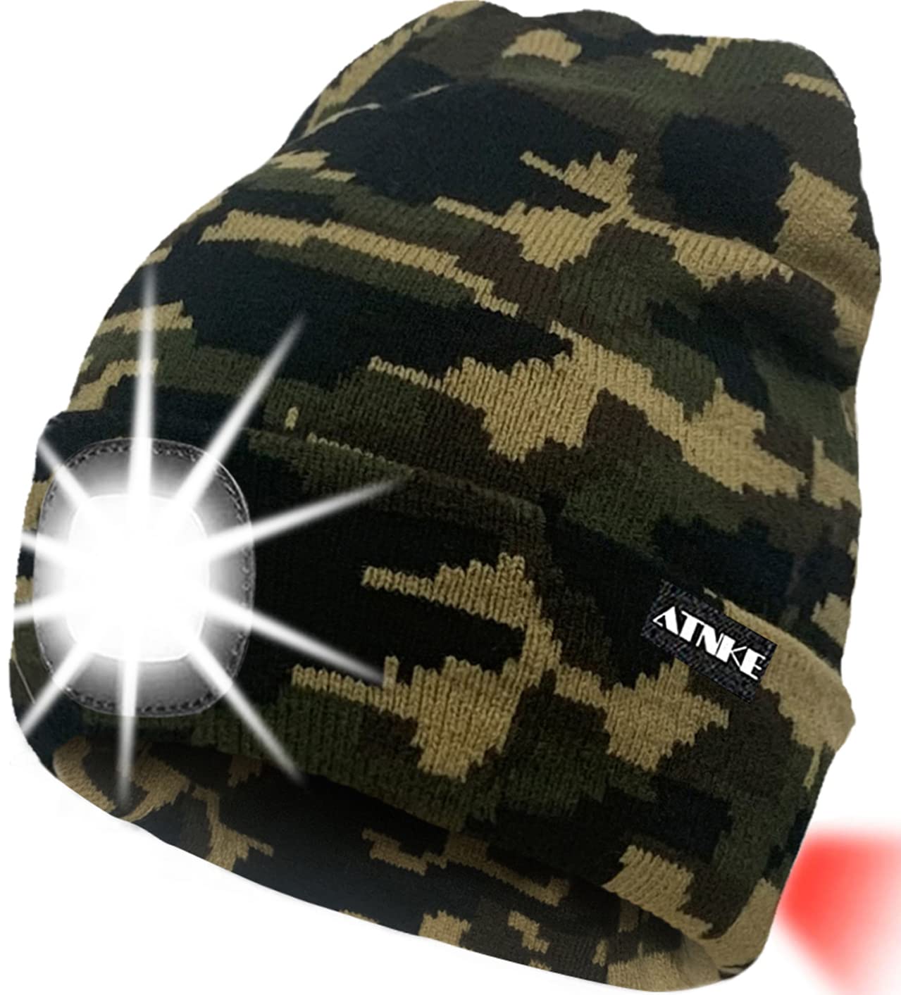 ATNKE 8LED Lighted Knit Hat,USB Rechargeable Running Headlamp Cap Ultra Bright Waterproof Light Lamp and Flashing Alarm Red Tail Light Multi-Color/Camouflage Green