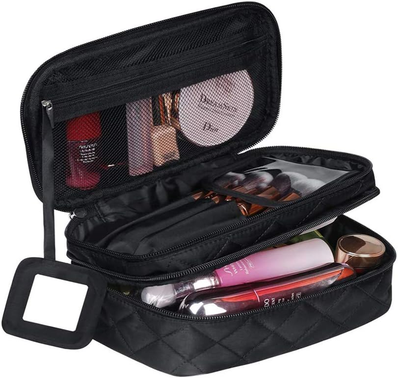 LKMY Makeup Bag Organiser for Women Professional Multi-Functional 2-Layer,Travel Cosmetic Bag Waterproof with Brush Compartment Mirror