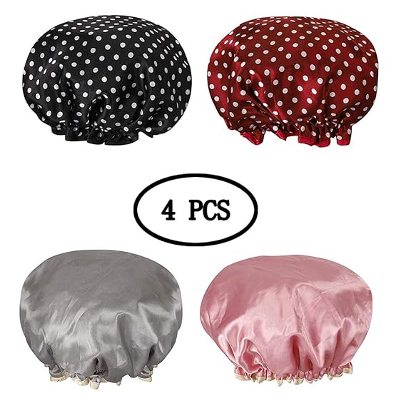 BIEE Doppelschicht Duschhaube Wasserdichter elastischer Badehut Frauen-Dusche Spa Salon Hut (4 Packungen)