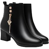 ISPDDELR Women's Metal Buckle Genuine Leather Wool Orthopedic Boots, Winter Warm Non Slip Side Zipper Waterproof Ankle Boots