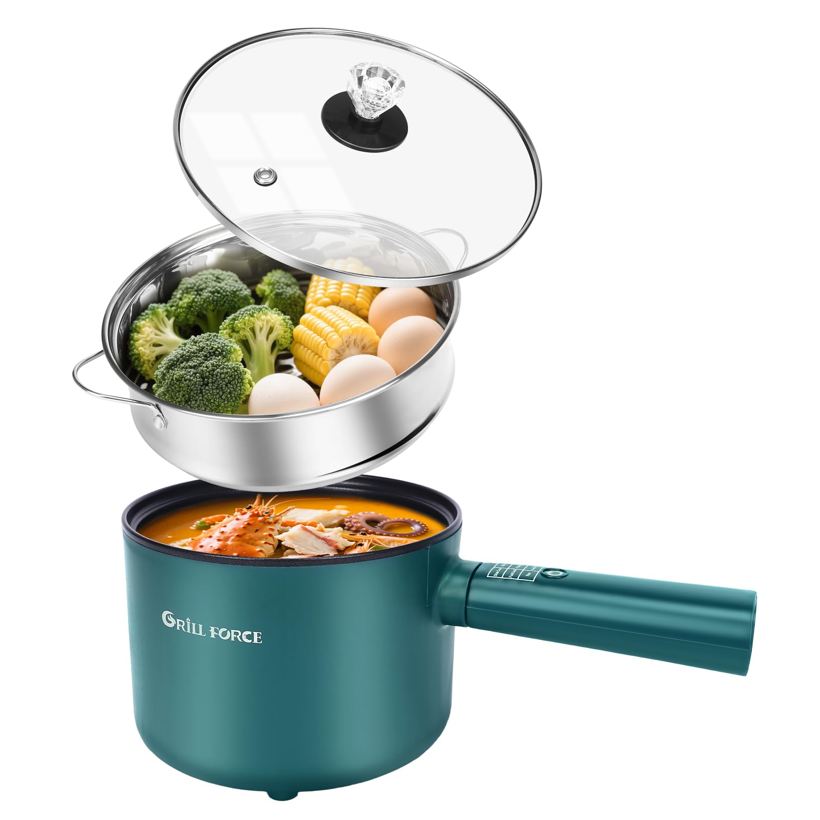 GRILL FORCE Hot Pot Electric with Steamer,6 Smart Modes, 1.8L Ramen Cooker, Portable Cooker, Non-Stick Frying Pan, Sauté Pan, Electric Pot for Pasta, Egg, Steak, BPA Free, College Dorm Room Essential