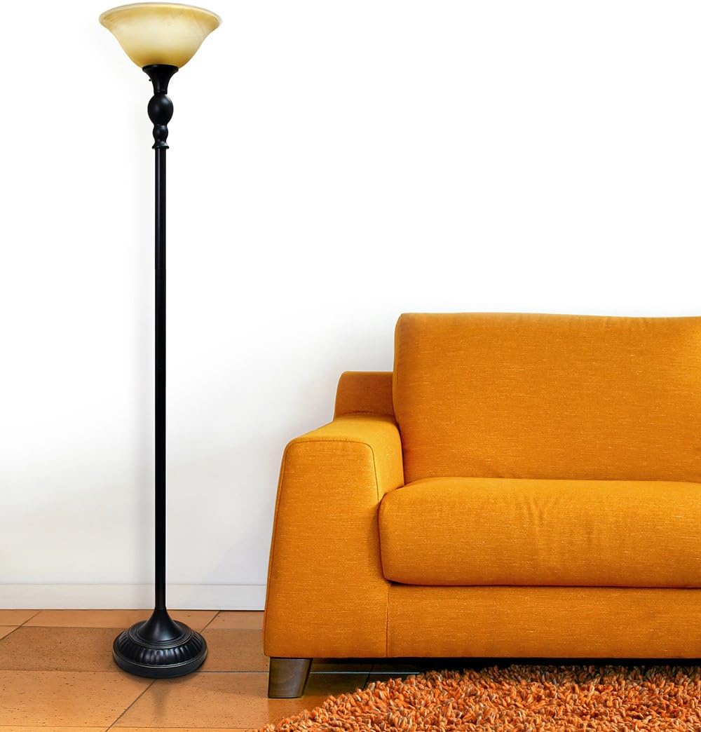 Elegant Designs LF2001-RBZ 1 Light Torchiere Marbelized Glass Shade Floor Lamp, Restoration Bronze/Amber - - 