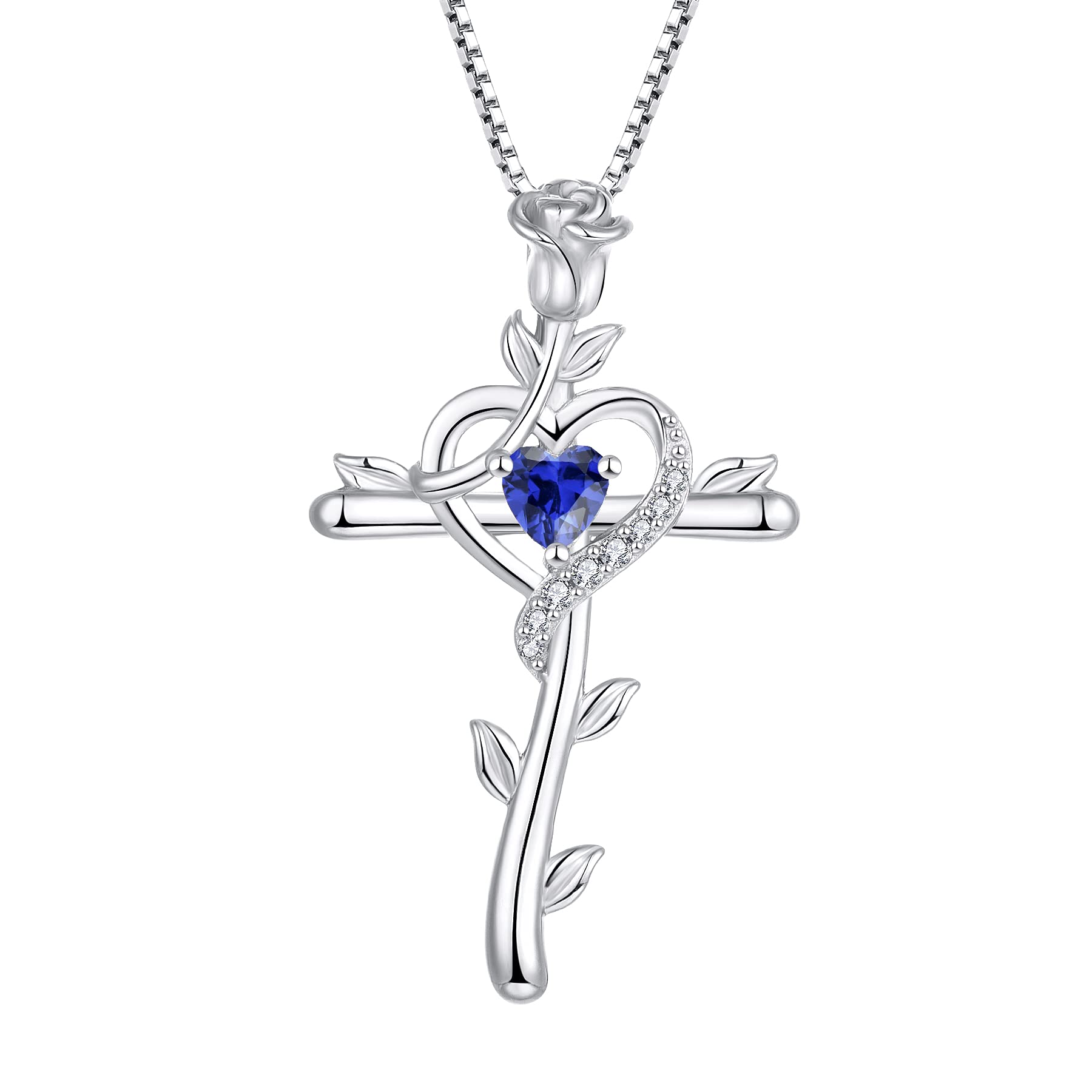 starchenie Cross Necklace 925 Sterling Silver Heart Birthstone Rose Crucifix Tanzanite Zirconia Pendant Jewelry Gift for Women