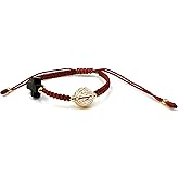 LESLIE BOULES Ligth Brown Thread Bracelet for Women with Gold Plated Saint Benedict Round Connector & Genuine Azabache Cross