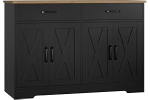 HOSTACK Buffet Cabinet with Storage, 47.2" Kitchen Sideboard Buffet with Drawers, Modern Farmhouse Coffee Bar Station with Shelves, Barn Doors Storage Cabinet for Living Room, Black/Rustic Brown