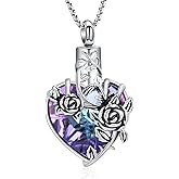 Rose Flower Cremation Urn Necklace for Ashes Heart Crystal Memorial Jewelry for Women Urn Keepsake Pendant Human Pet Memorial Locket Holder