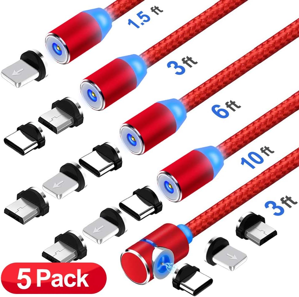 LSGAE Magnetic Phone Charger Cable, Compatible with Mirco USB, Type C Smartphone and iProduct Device (Red 5-Pack)