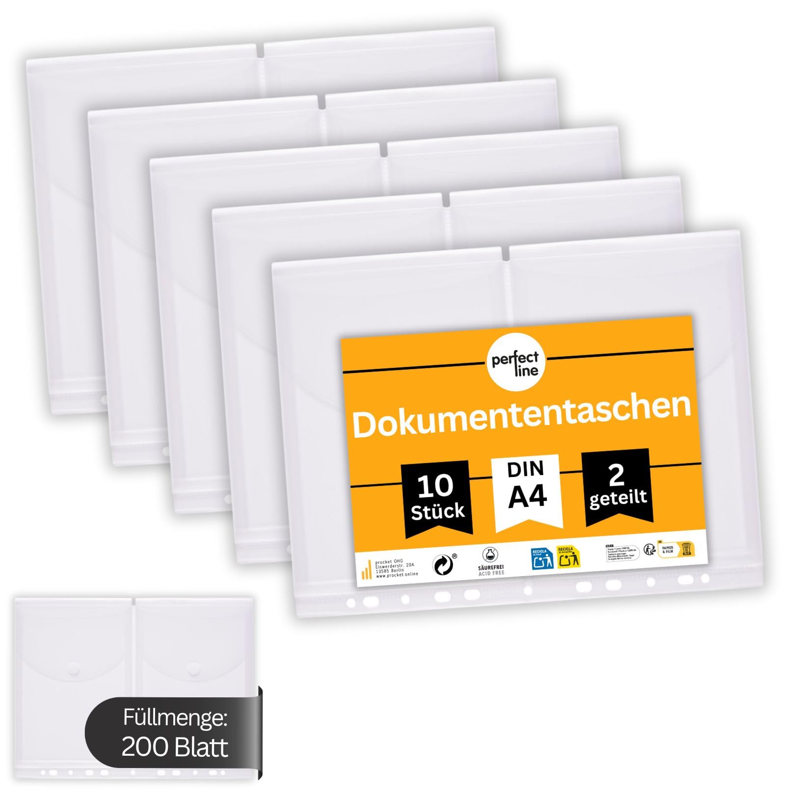 perfect line 10 pcs A5 Document Wallets on A4, 20 mm Capacity, Transparent & Clear Covers, Leaflet Cover with Flap, Hook and Loop Fastener & Filing Strip, Collection Sheet Divided into 2 compartments