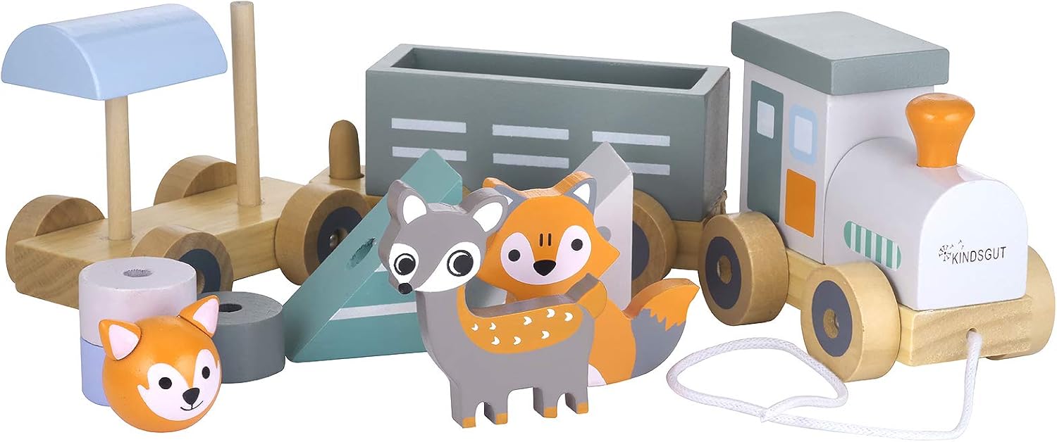 Kindsgut Petit Train En Bois Et Cubes De Construction Jouet En Bois Bebe Les Animaux Du Zoo Rayures Amazon Fr Jeux Et Jouets