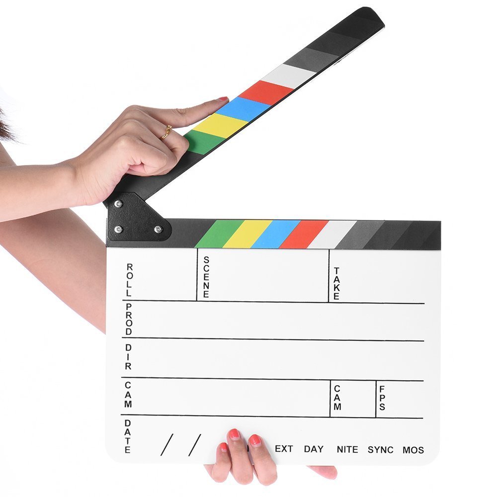 Photo 1 of Professional Movie Directors Clapboard, Photography Studio Video TV Acrylic Clapper Board Dry Erase Film Slate Cut Action Scene Clapper with Color Sticks 9.6x11.7 inch/25x30cm, White
