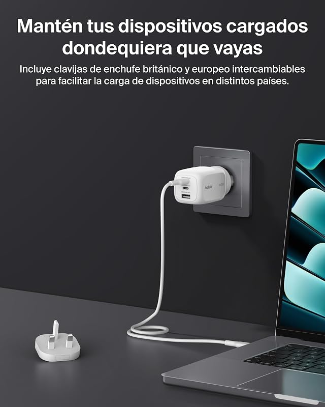 Cargador USB-C, 3 Puertos, Cargador GAN de 100 W, 2 USB-C y 1 USB-A, Enchufe EU, UK, USA, Carga Rápida para MacBook, iPhone, iPad Pro, Samsung Galaxy, Google Pixel, etc - Blanco
