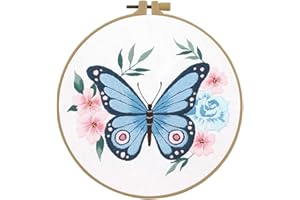 Esffaci Embroidery Starter Kit for Adult Beginner with Butterfly Pattern Stamped Cross Stitch Set with Embroidery Cloth Hoop Needle Threader Embroidery Floss and Instruction