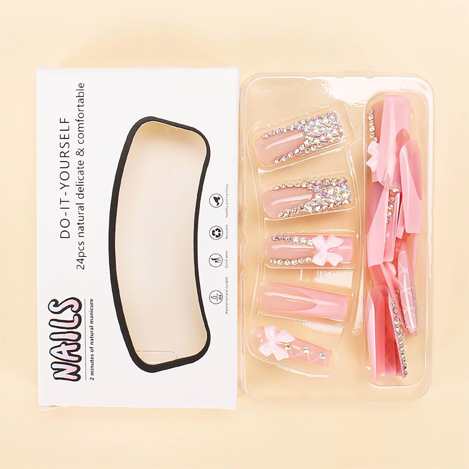 RUOKEXIN Long Square Press on Nails French Tip Fake Nails Pink False Nails with Bow Rhinestones Designs Long Square Nail Press ons Sparkly Glue on Nails Cute Stick on Nails for Women 24Pcs - Image 3