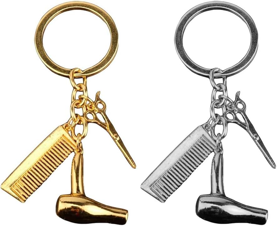 YUIP 2pcs Keychain Creative Hair Dryer Scissors Comb Pendant Keychain Keyring Gift for Hairdresser (Gold/Sliver)