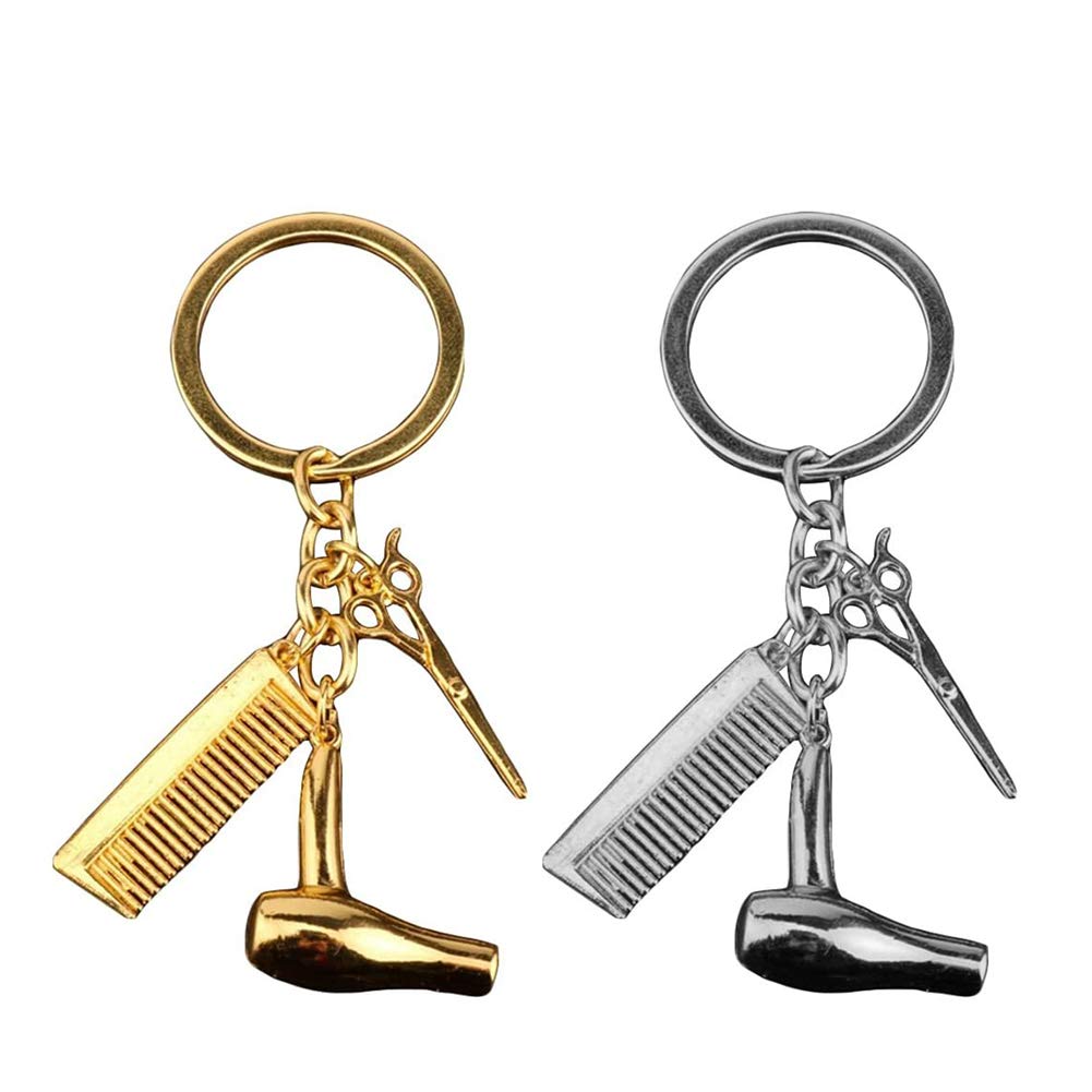YUIP 2pcs Keychain Creative Hair Dryer Scissors Comb Pendant Keychain Keyring Gift for Hairdresser (Gold/Sliver)