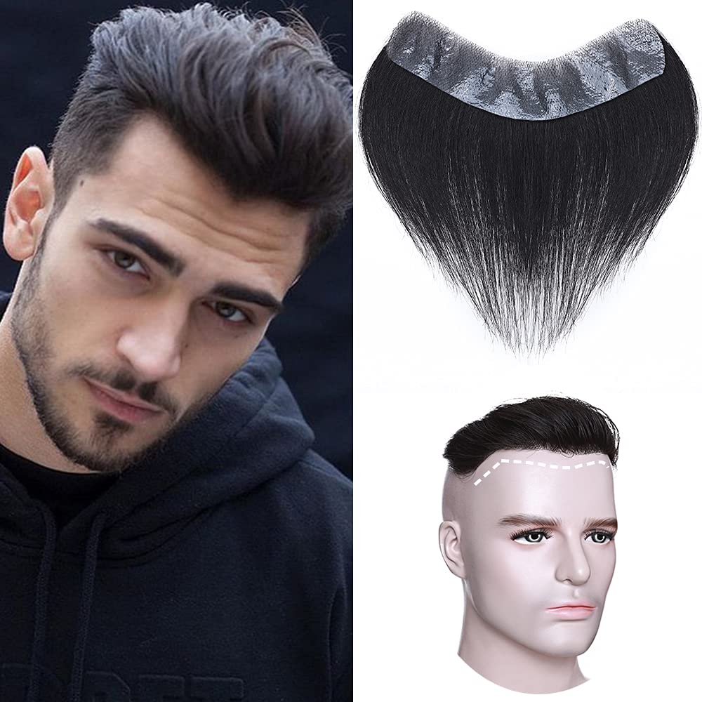 Elailite Men's Hairline V-Shape Toupee Real Human Hair Extension Invisible Forehead Hairpiece Fringe Bang Replacement System (4 * 18cm) (#1B Natural Black, 6 Inch)