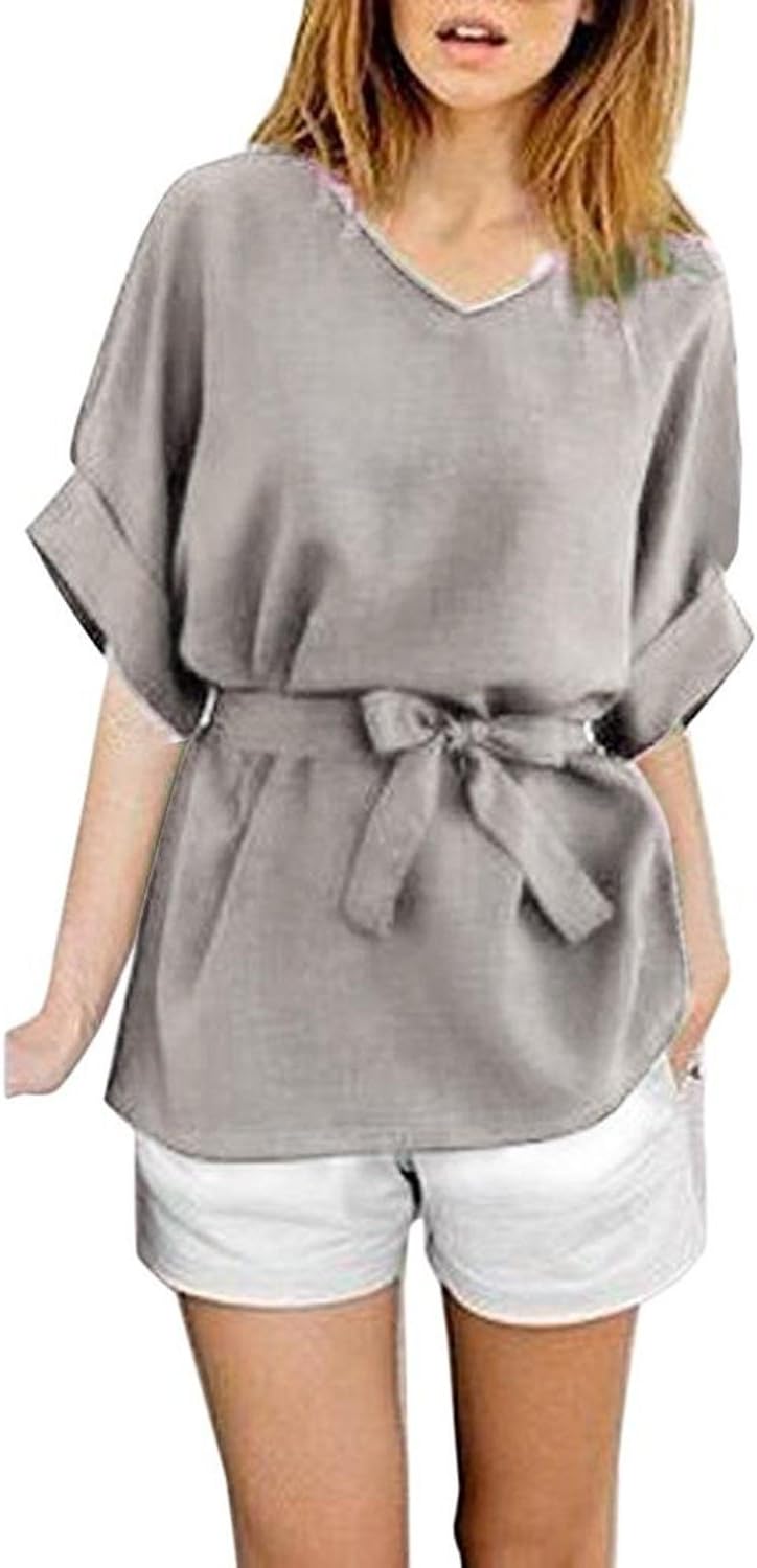 Bluester Women Loose Vintage Tops Chemise, Ladies Casual Blouse with Belt/Plus Size Green
