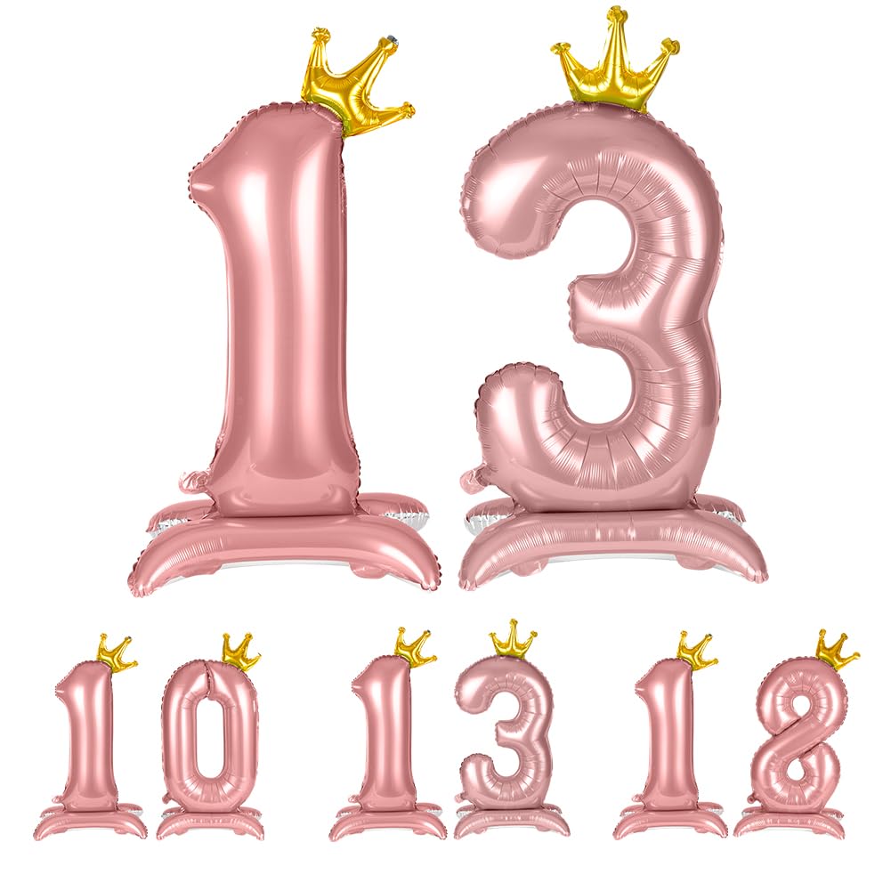 APXEL Pink Standing Crown Number 13 Balloons, 42 Inch Large Foil Number 1 & 3 Balloons, Self Inflating 13th Birthday Balloon for 13 Year Anniversary Birthday Party Christmas Decorations