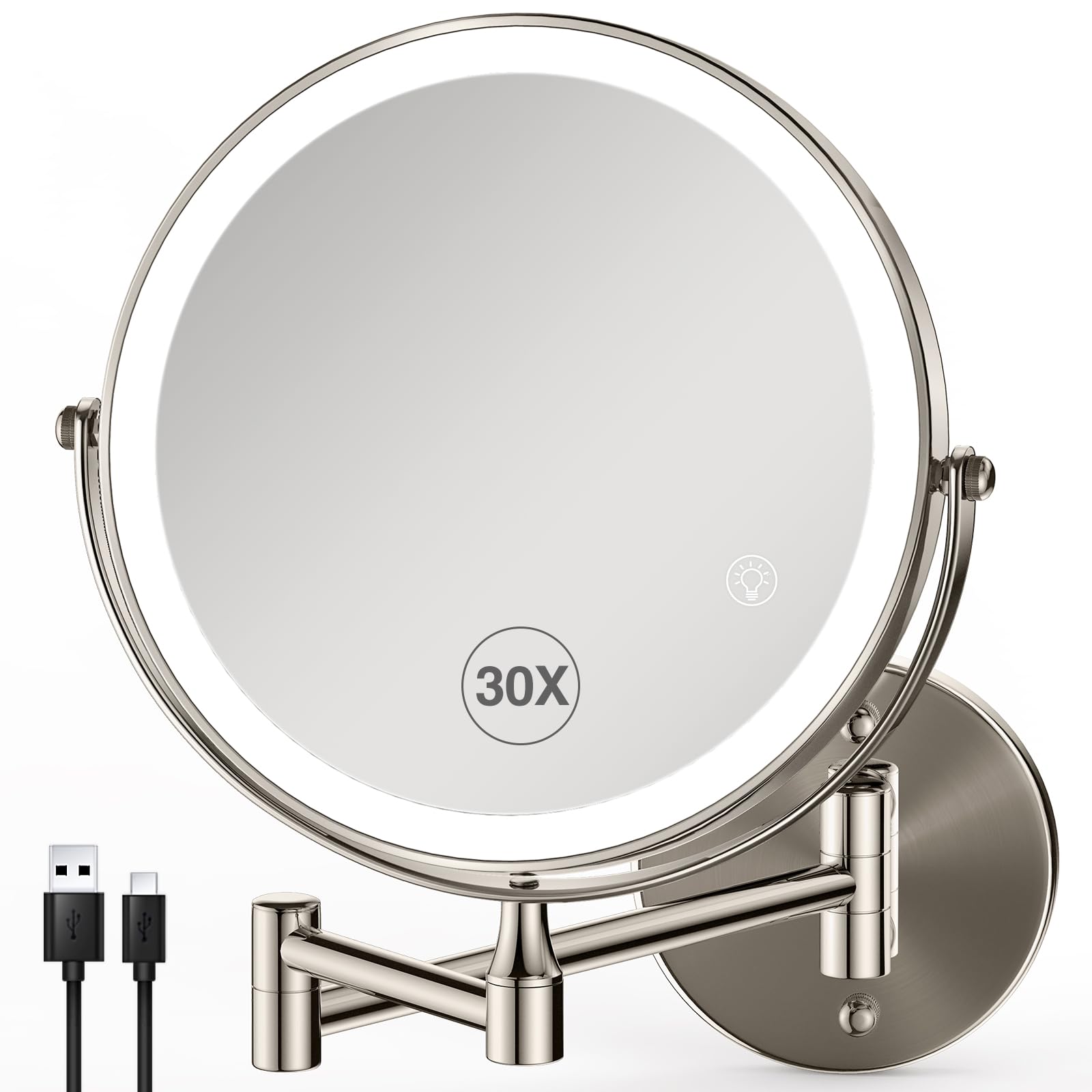 Photo 1 of GREENFROM 30X/1X Wall Mounted Makeup Mirror with Light: 8.5 Inch Double-Sided, 3 Color Modes, USB-C Rechargeable, 360° Swivel, Brushed Nickel