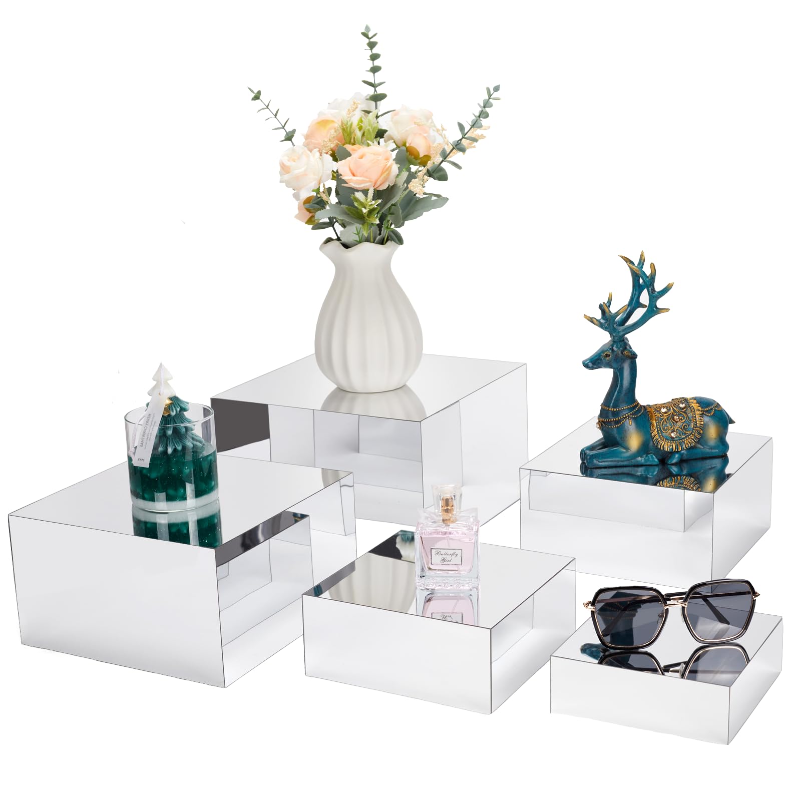 Photo 1 of Jolboldy Acrylic Risers for Display 5 Pcs, Food Risers for Party Silver Acrylic Risers Display Stands Acrylic Box Nesting Display Risers for Jewelry Bag Cosmetics Catering Dessert Collectibles