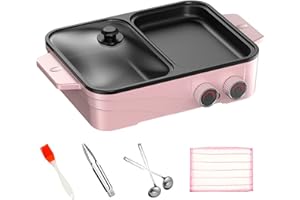 Mini Electric Griddle, Hot Pot and Griddles with Glass Lid, Portable Two Area Cooking for Single Person, Tabletop Tiny Cookin