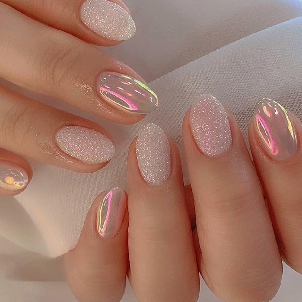 Almond Press on Nails Short Round Fake Nails Chrome Gloss False Nails with Glitte Powder Designs Acrylic Nails Press on Artificial Nails Stick on Nails for Women 24Pcs Nail Press ons
