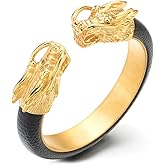COOLSTEELANDBEYOND Mens Stainless Steel Dragon Cuff Bangle Bracelet Inlaid with Black Leather, Elastic Adjustable