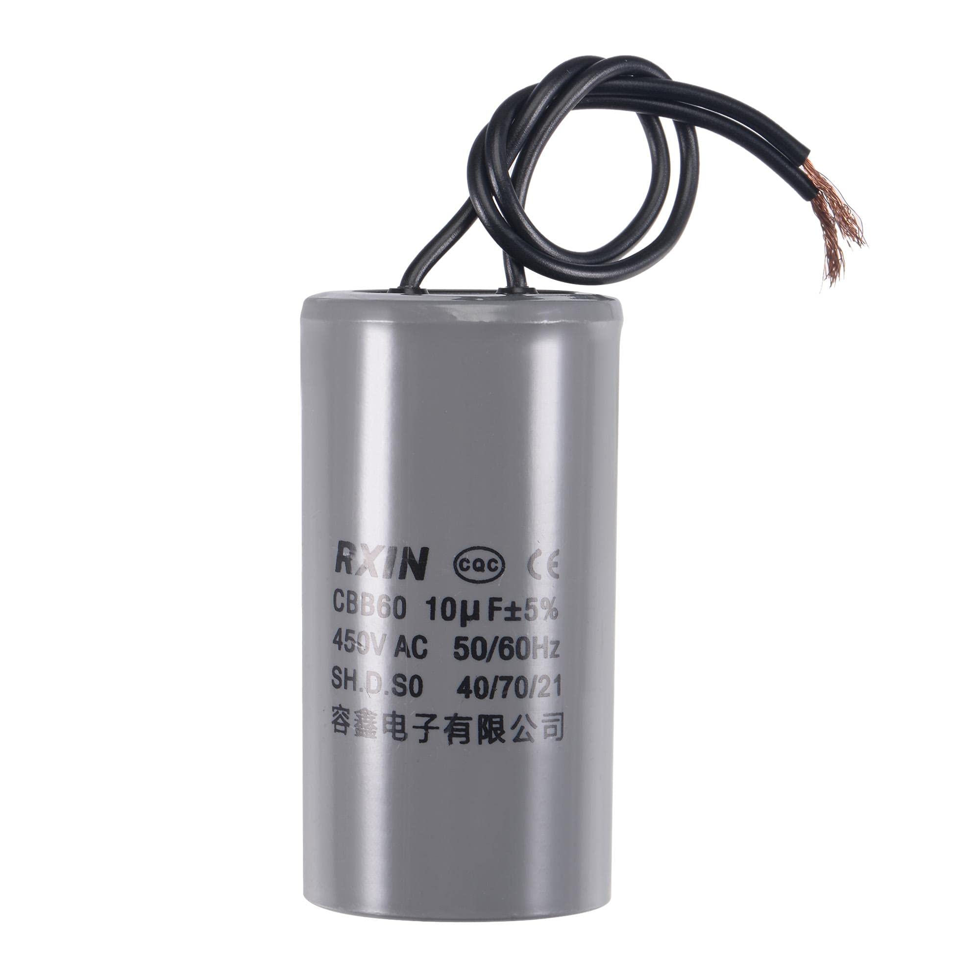 sourcing map CBB60 Run Capacitor 10uF 450V AC 2 Wires 50/60Hz Cylinder 74x38mm for Air Compressor Water Pump Motor