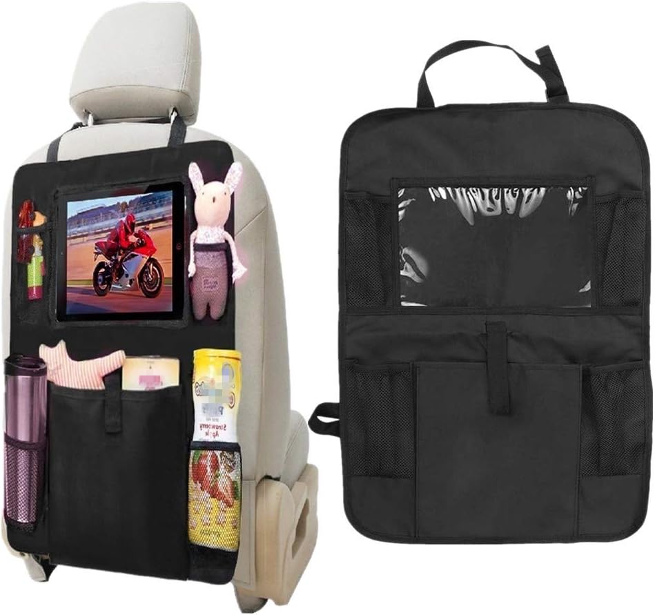 GUIFIER 2 PCS Multi-Function Backseat Car Organizer with Touch Screen iPad Tablet Holder and Multi Storage Pockets Car Rear Seat Organizer Back Seat Kick Mat Protector for Kids Bottle Toys Umbrella