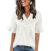 ANCAPELION Women’s Short Sleeve Blouse V Neck Business Work Tops Dressy Casual Pleated Ruffle Sleeve Shirts