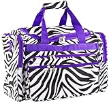 World Traveler 22-inch Zebra Print Duffle Bag, Black and White with Dark Purple Trim