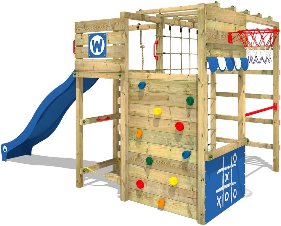 WICKEY Wooden Climbing Frame Smart Victory with Green Slide, Garden Playhouse with Climbing Wall & Play-Accessories