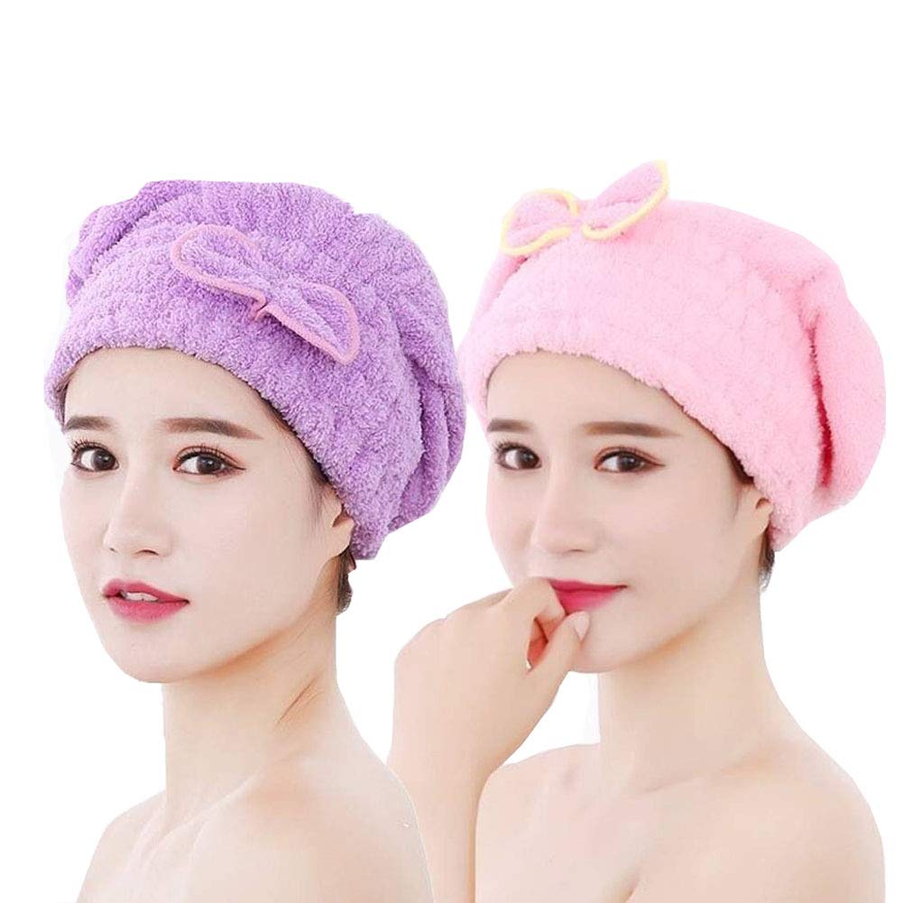 Guang-T Hair Drying Wrap Cap, Soft Microfiber Quick Dry Hair Drying Towels, Luxury Absorbent and Lightweight Cotton for Women Pink & Purple(2pcs)