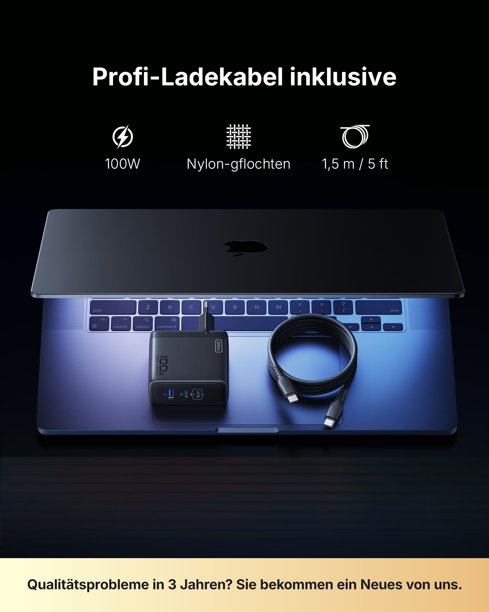 INIU USB C Ladegerät, 100W 3-Port Laptop Schnellladegerät mit 1.5m Kabel 5