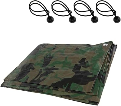 SolaDirect Camo Tarpaulin 2x2 m 85 GSM Waterproof Tarp with 4 Ball Bungees