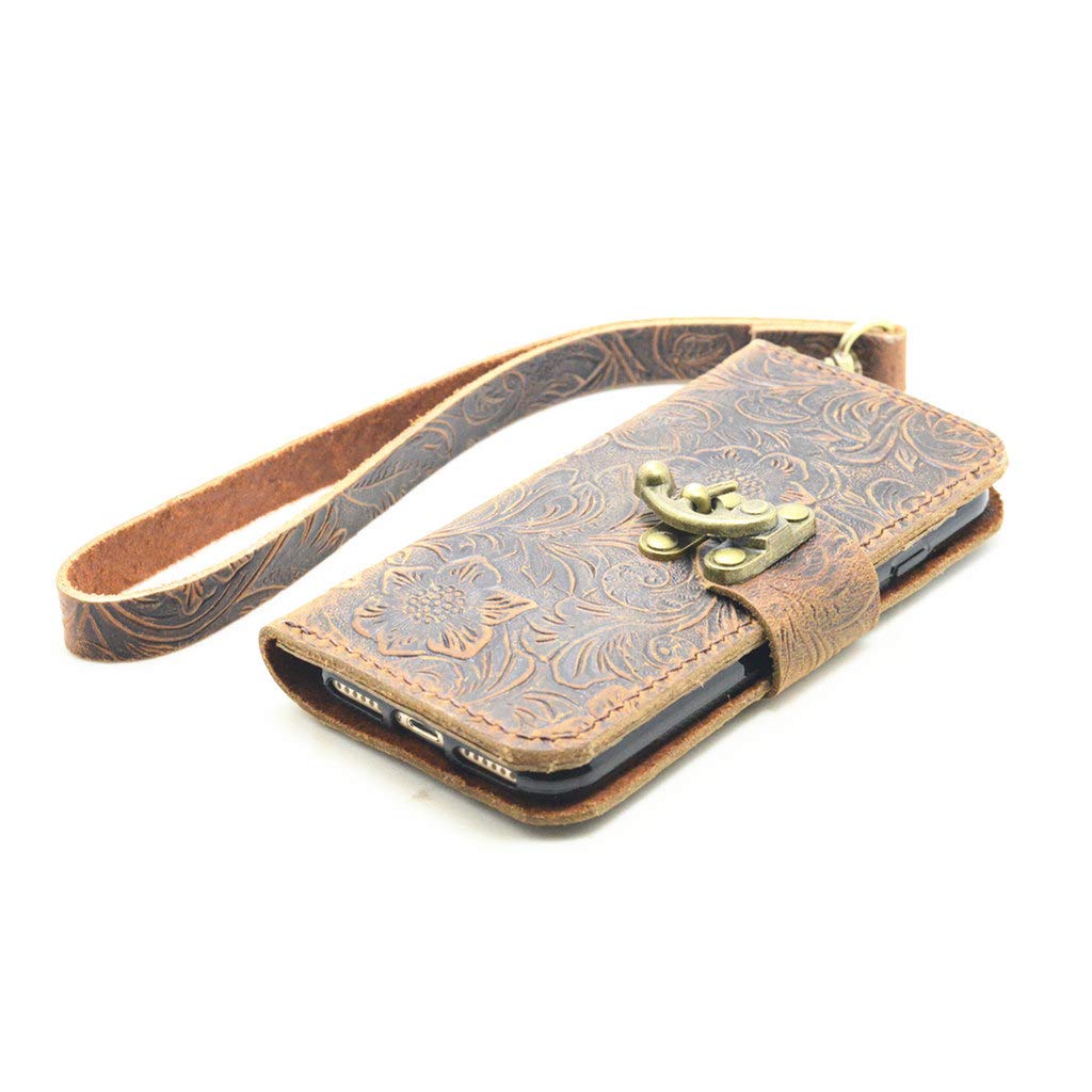 JJNUSA handmade genuine leather wallet case fit iphone XS Max 6.5" inches case with wristlet (old brown) -italian -with Stand