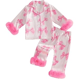 Toddler Girl Fall Satin Pajamas Set Fuzzy Bow Print Lapel Tops and Pants | Kids Satin Pajamas Toddler Girl Bow Print Feather