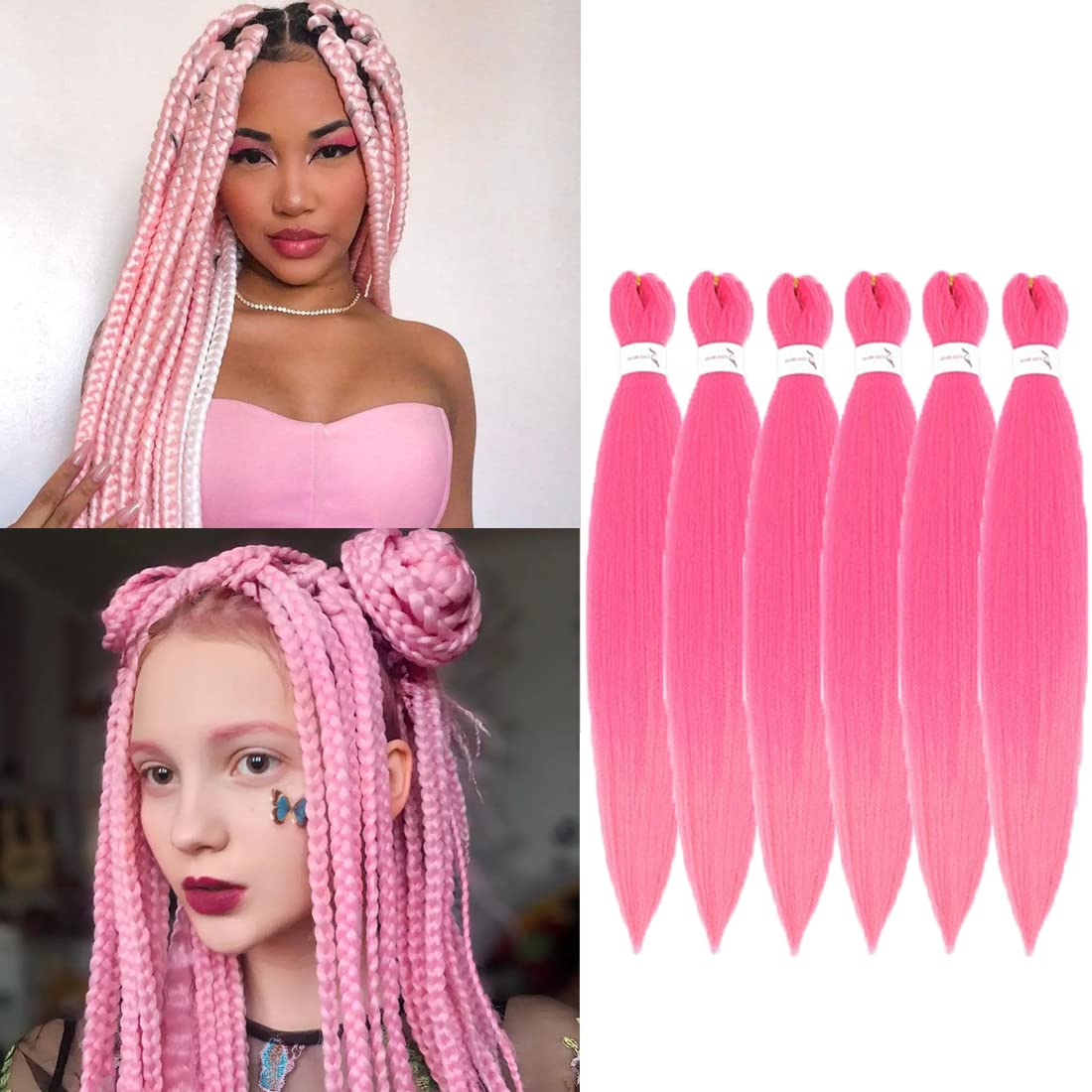 Pre-stretched Braiding Hair 6 Packs Synthetic Fiber itch Free Crochet EZ Braids Soft Yaki Texture Braiding Hair Extensions (Pink#)