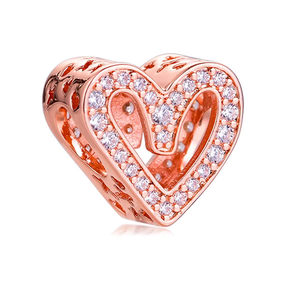 PANDOCCI 2020 Valentine Day Gift Rose Sparkling Freehand Heart Bead 925 Silver DIY Fits for Original Pandora Bracelets Charm Fashion Jewelry (Rose Gold)