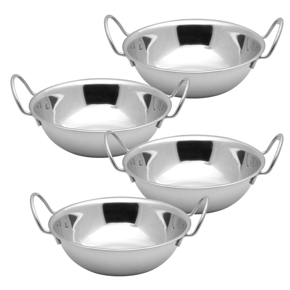 Kosma Set of 4 Premium Stainless Steel Balti Serving Dishes, Size - 17 cm | Elevated Rim