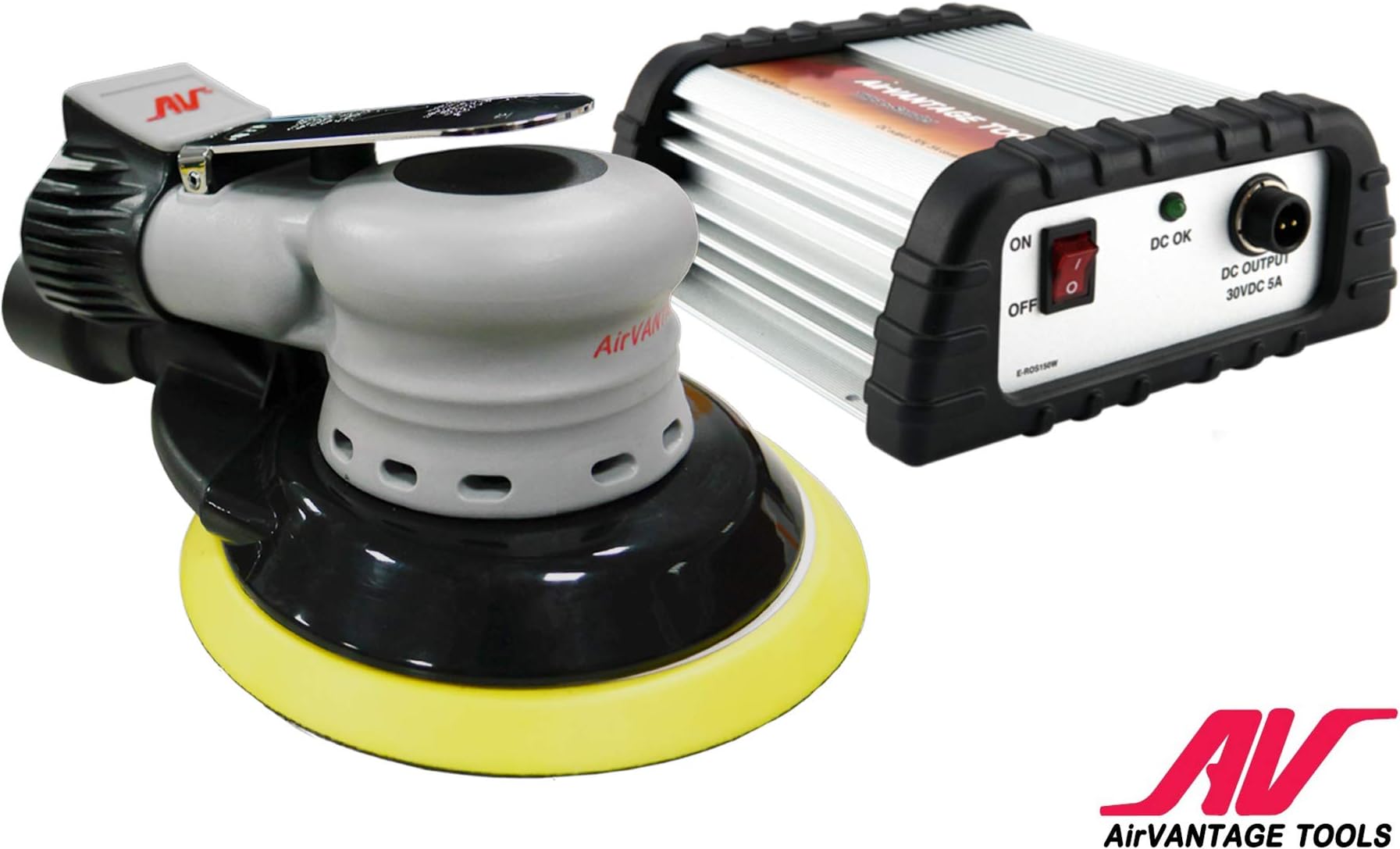 AirVANTAGE Palm-Style, Industrial-Grade Electric Sander Kit with Power Supply CENTRAL-VACUUM with Low-Profile Pad (5": 3/16- Hook & Loop)