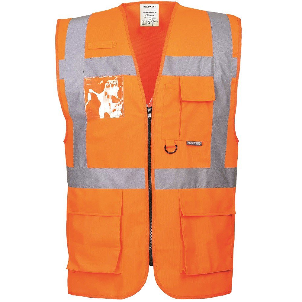 Portwest S476 Hi Vis Executive Safety Vest - Lightweight Reflective High Viz Outdoor Waistcoat Safety Security Workwear, Orange, XS