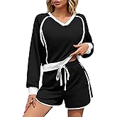 Fisoew Womens 2 Piece Outfits Casual V Neck Cropped Sweatshirt High Waisted Workout Shorts Sets Loose Tracksuits