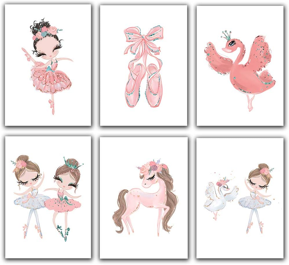 Pink Swan Picture Ballet Dancer Girl Unicorn Wall Art Painting Nordic Style Wall Art Hd Prints Modular Poster for Bathroom Décor Girls Room Décor (Set of 6) Unframed 8"x10"